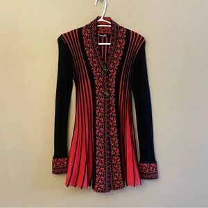 Vintage ‘Trends’ Black & Coral Pink Ribbed Flared Cardigan – Size Small EUC